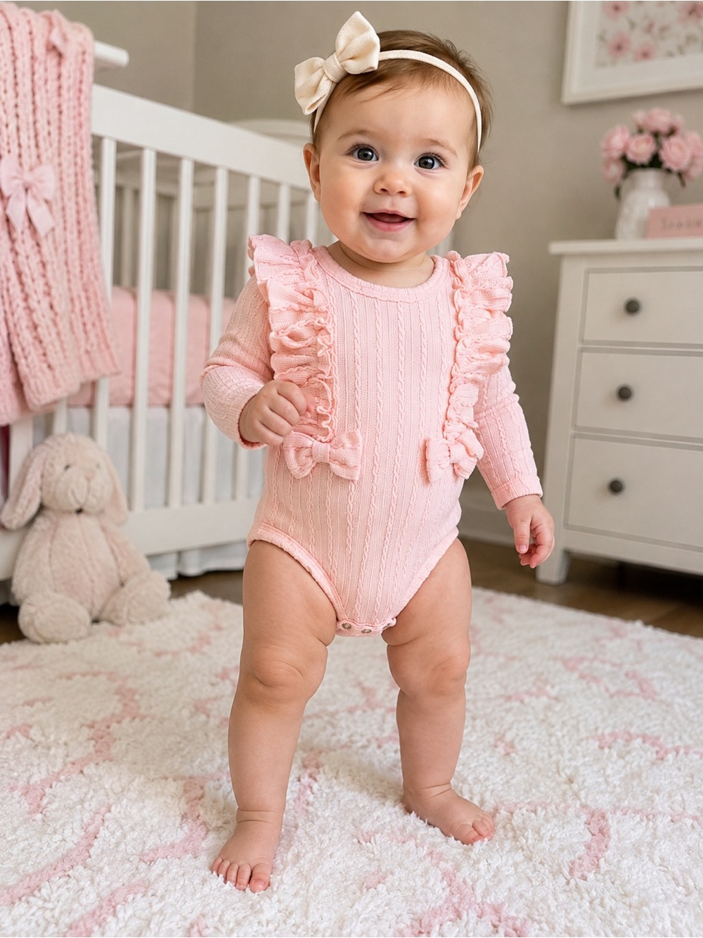 Boutique Mini Bean Baby Girl Pink Cable Knit Ruffle Bow Bodysuit 3-6M
